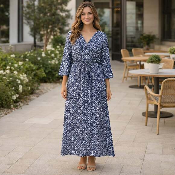 Lulus Dresses & Skirts - Lulus Blue White Medallion Print Maxi Dress Long Sleeve Boho Size L